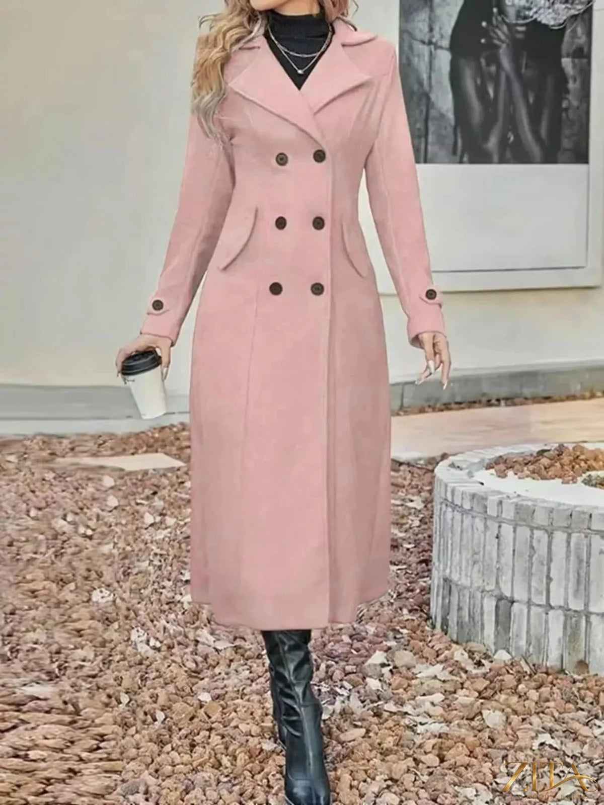 Plus size Zita La Belle Elite double-breasted longline trench coat with wide lapels and belt, full-length and stylish for fall.