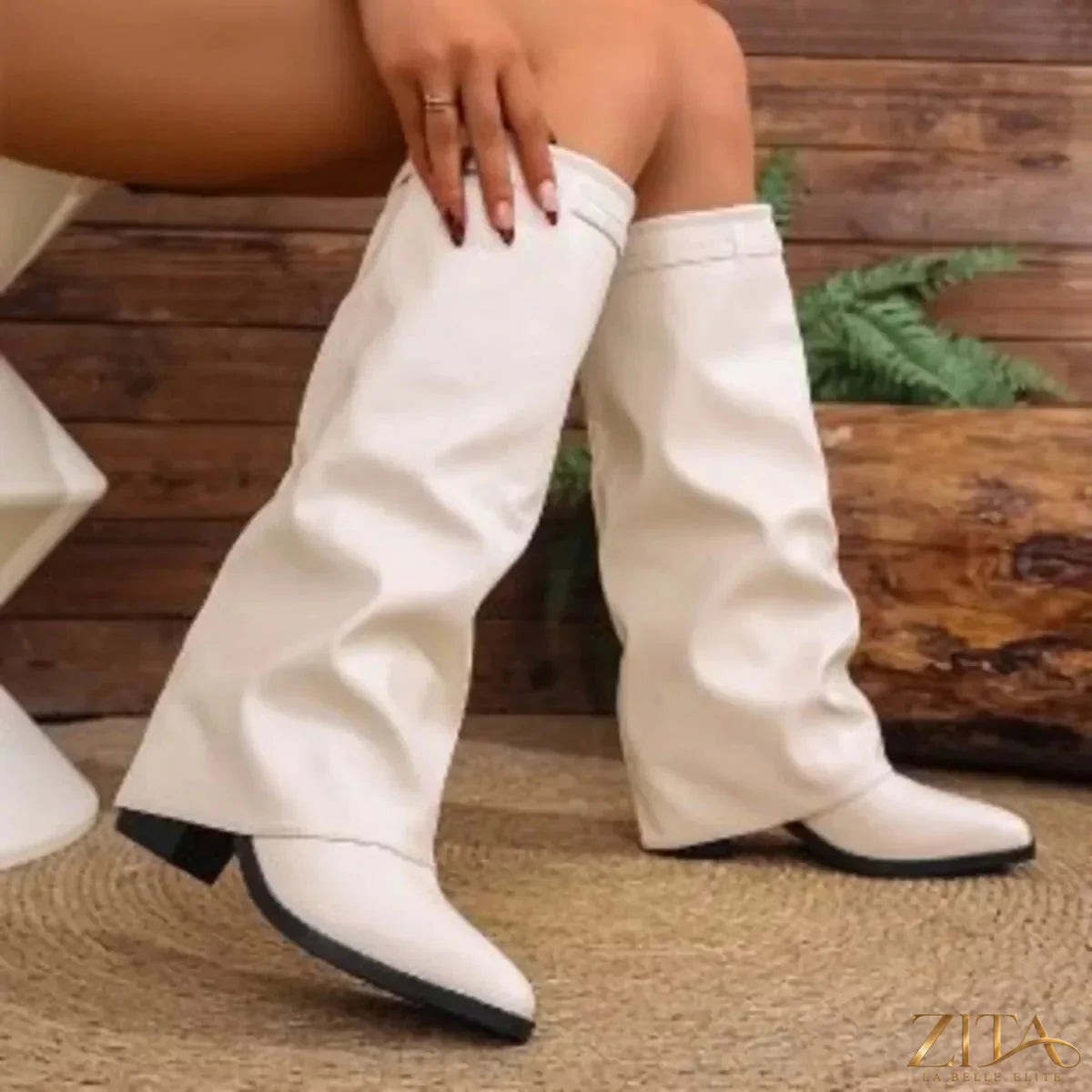 Zita La Belle Elite point toe block heel boots with sleek design and black leather finish, stylish footwear for women.