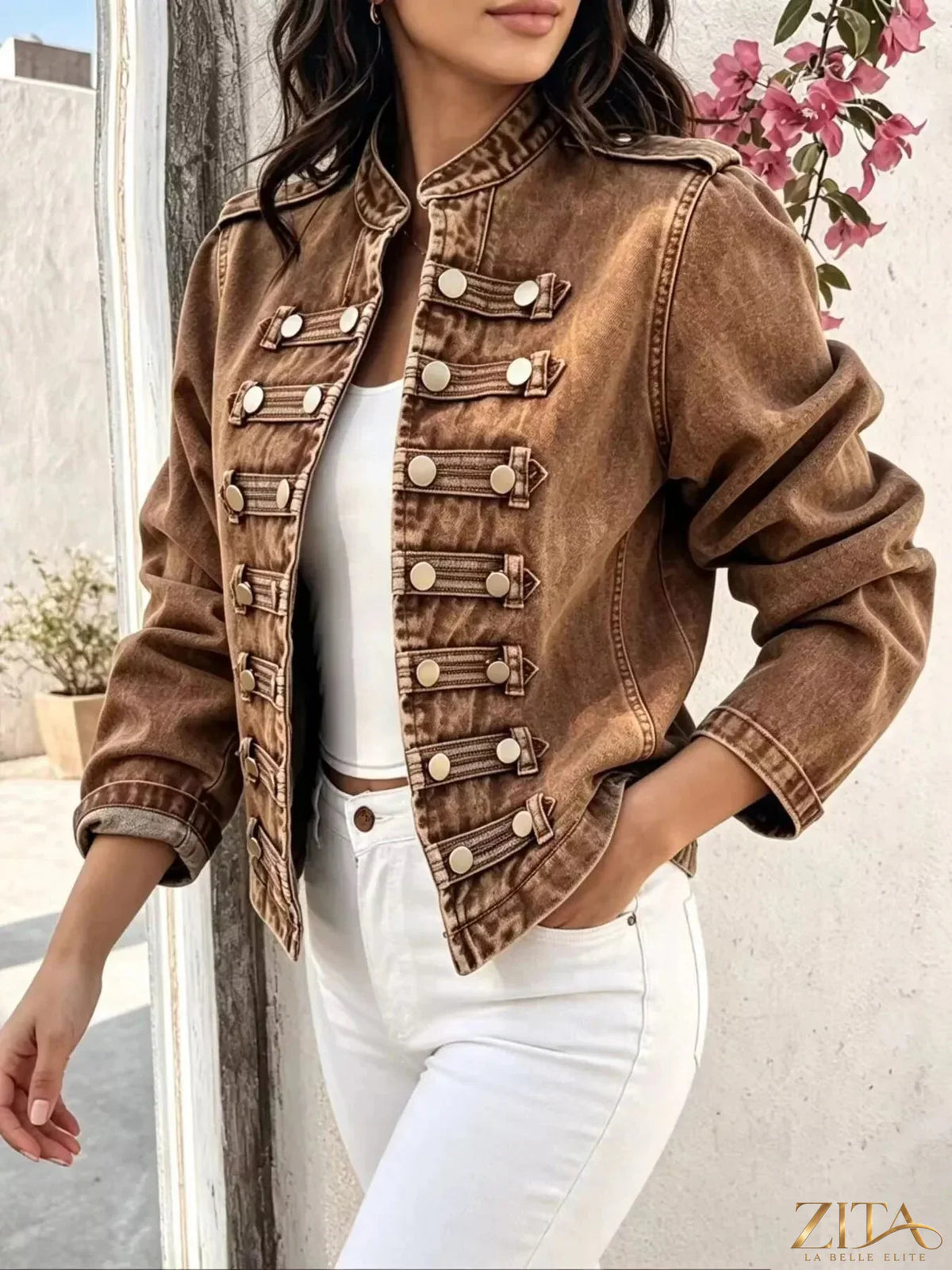 Vintage open front denim jacket with decorative buttons by Zita La Belle Elite, featuring classic denim texture and stylish design.