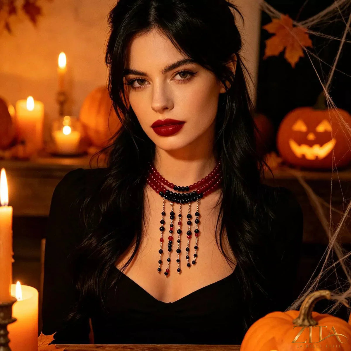 Gothic multi-layered beaded necklace with dark beads and intricate design, stylish accessory from Trendsi.