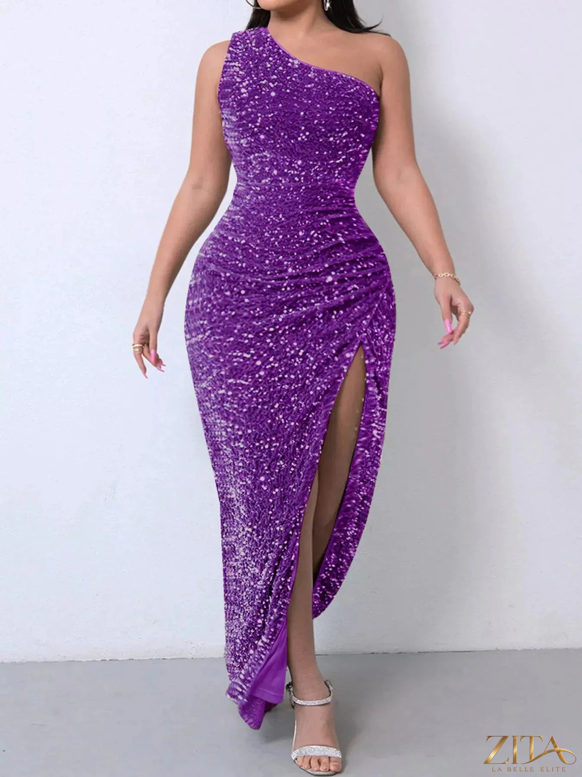 Zita La Belle Elite one-shoulder ruched sequin evening dress with high slit, elegant and glamorous for formal occasions.