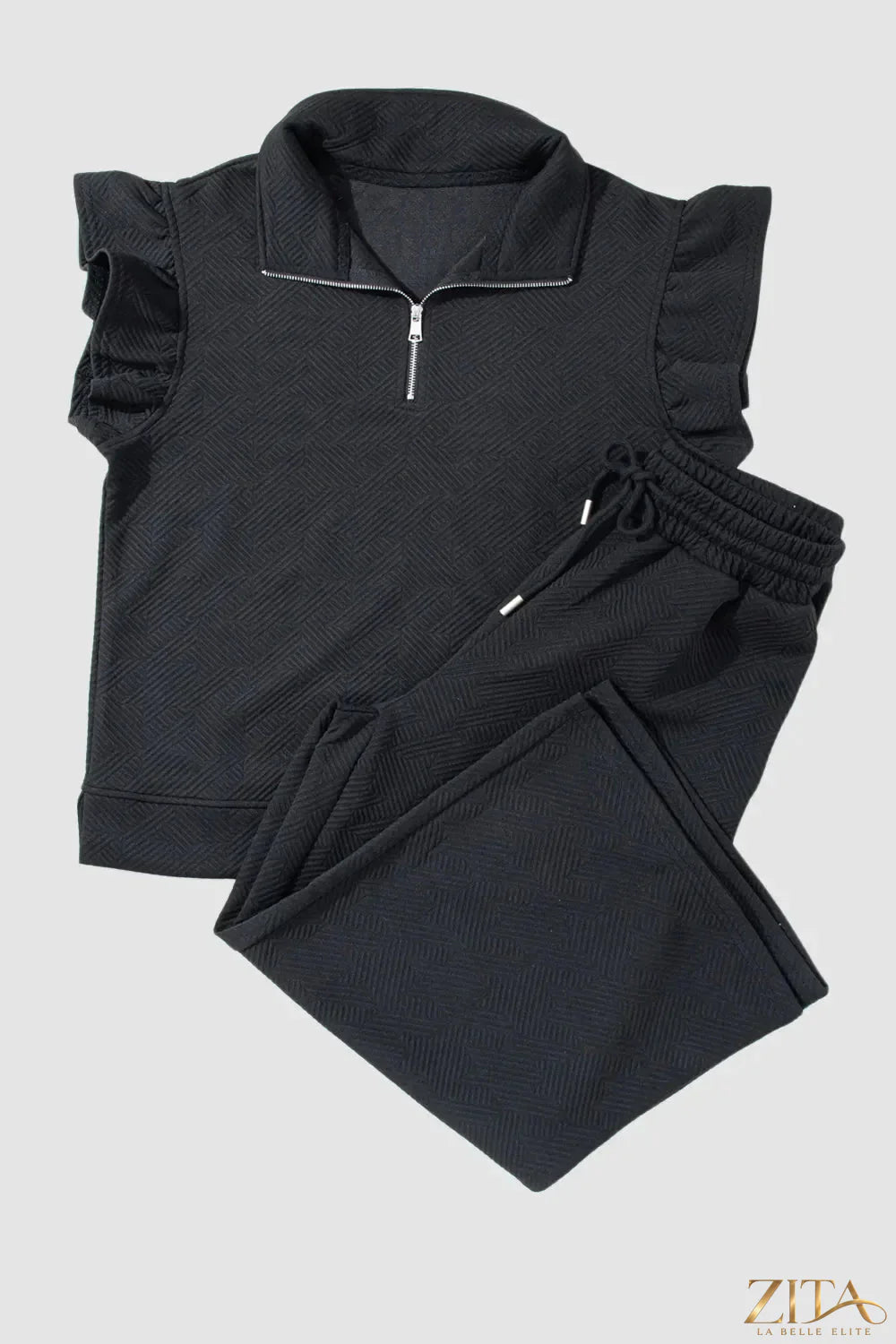 Zita La Belle Elite ruffled quarter zip top with matching drawstring pants set, soft fabric, stylish casual wear, front view.