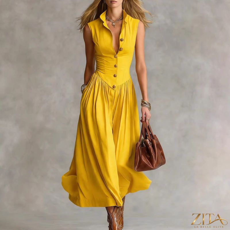 Women's sleeveless lapel collar maxi dress by Zita La Belle Elite, slim fit casualwear with patchwork design.