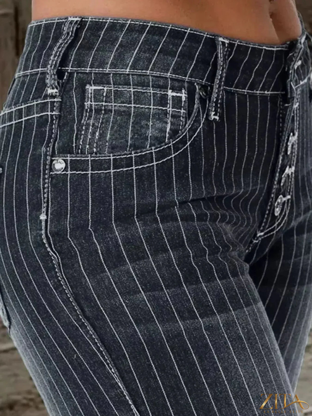 Zita La Belle Elite striped button fly flare jeans with high waist and bold vertical stripes, casual denim style.