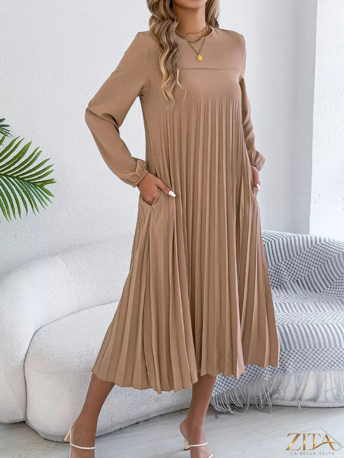 Zita La Belle Elite pleated A-line midi dress with a flowy silhouette and elegant design, shown in a stylish fabric and color.