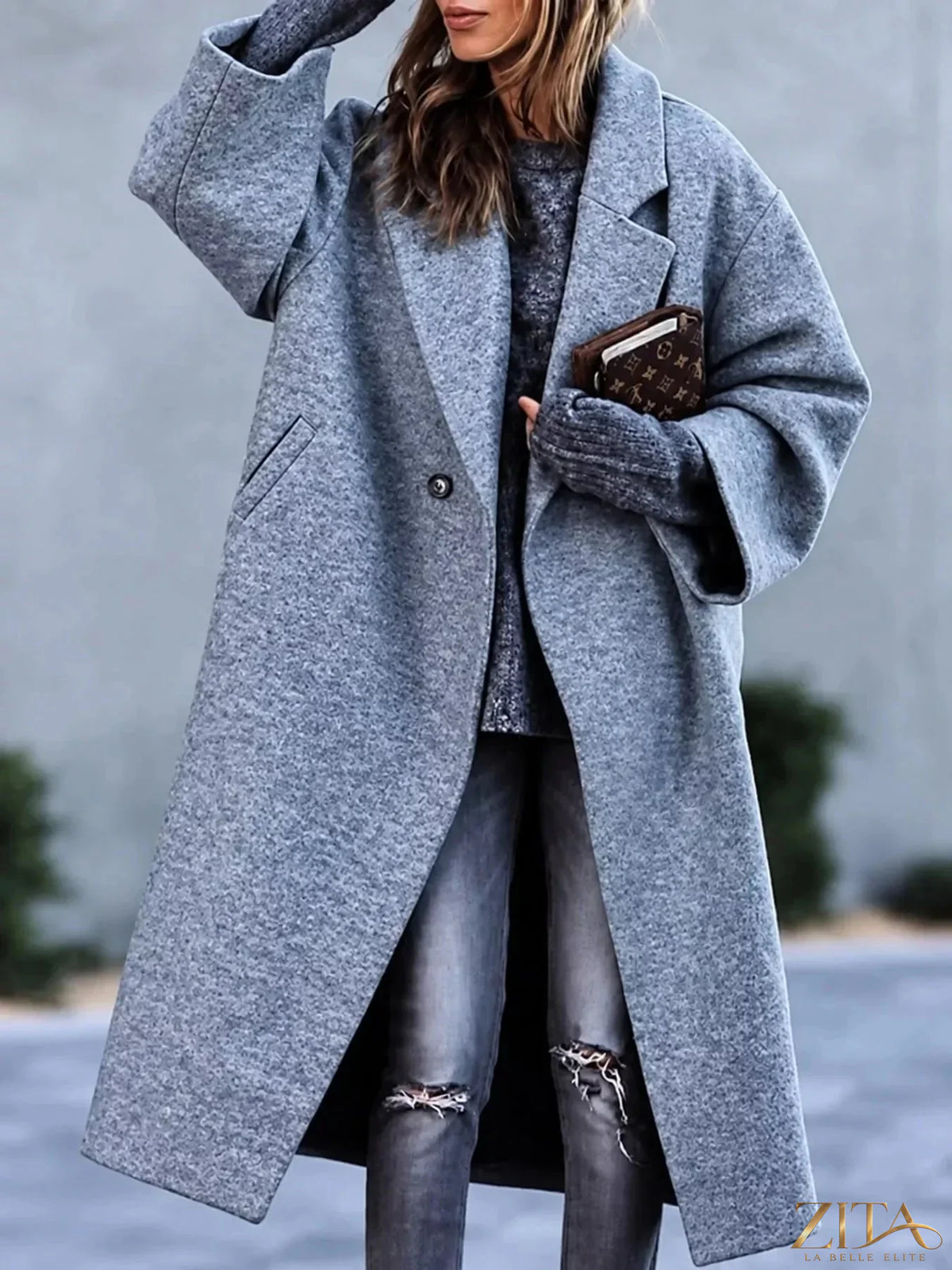 Plus size Zita La Belle Elite full size coat with lapel collar and single button closure, showcasing a stylish outerwear design.