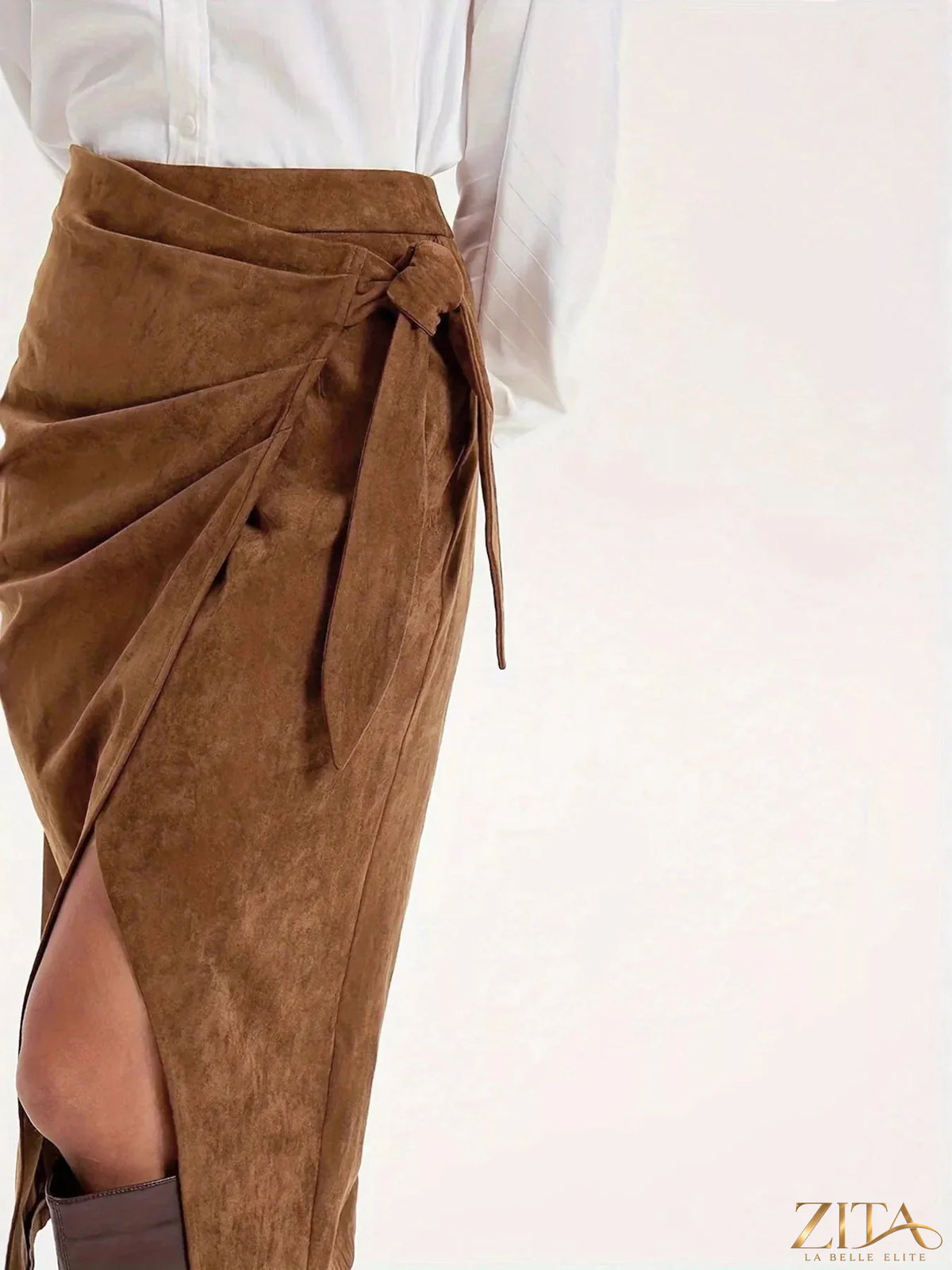 Trendsi wrap midi skirt in stylish fabric, featuring a flattering fit and versatile design perfect for casual or dressy occasions.