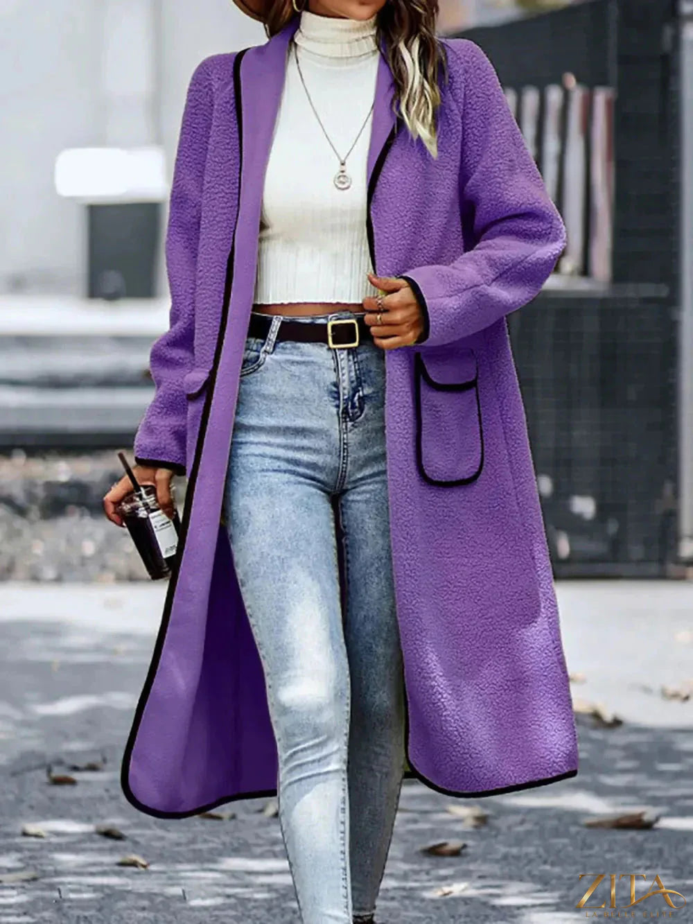 Zita La Belle Elite full size contrast trim long sleeve coat with pockets, stylish outerwear for cold weather.