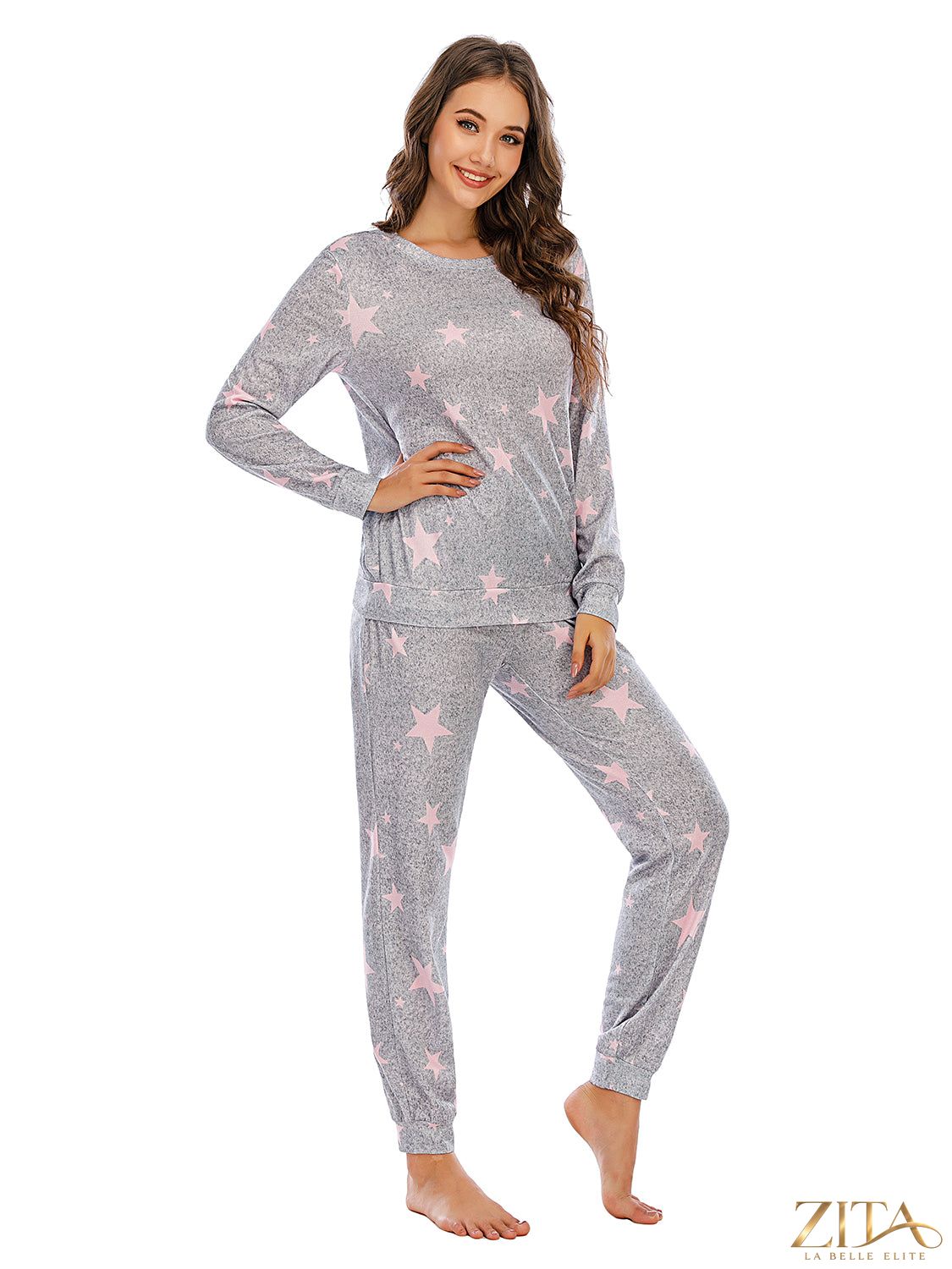Zita La Belle Elite star print lounge set with a stylish top and matching pants on a model. Comfortable casual wear.