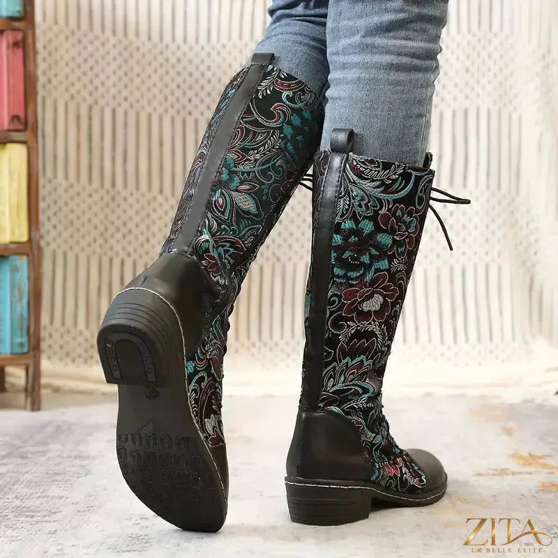 Zita La Belle Elite embroidered lace-up knee-high boots with intricate lace detail and a sleek silhouette.
