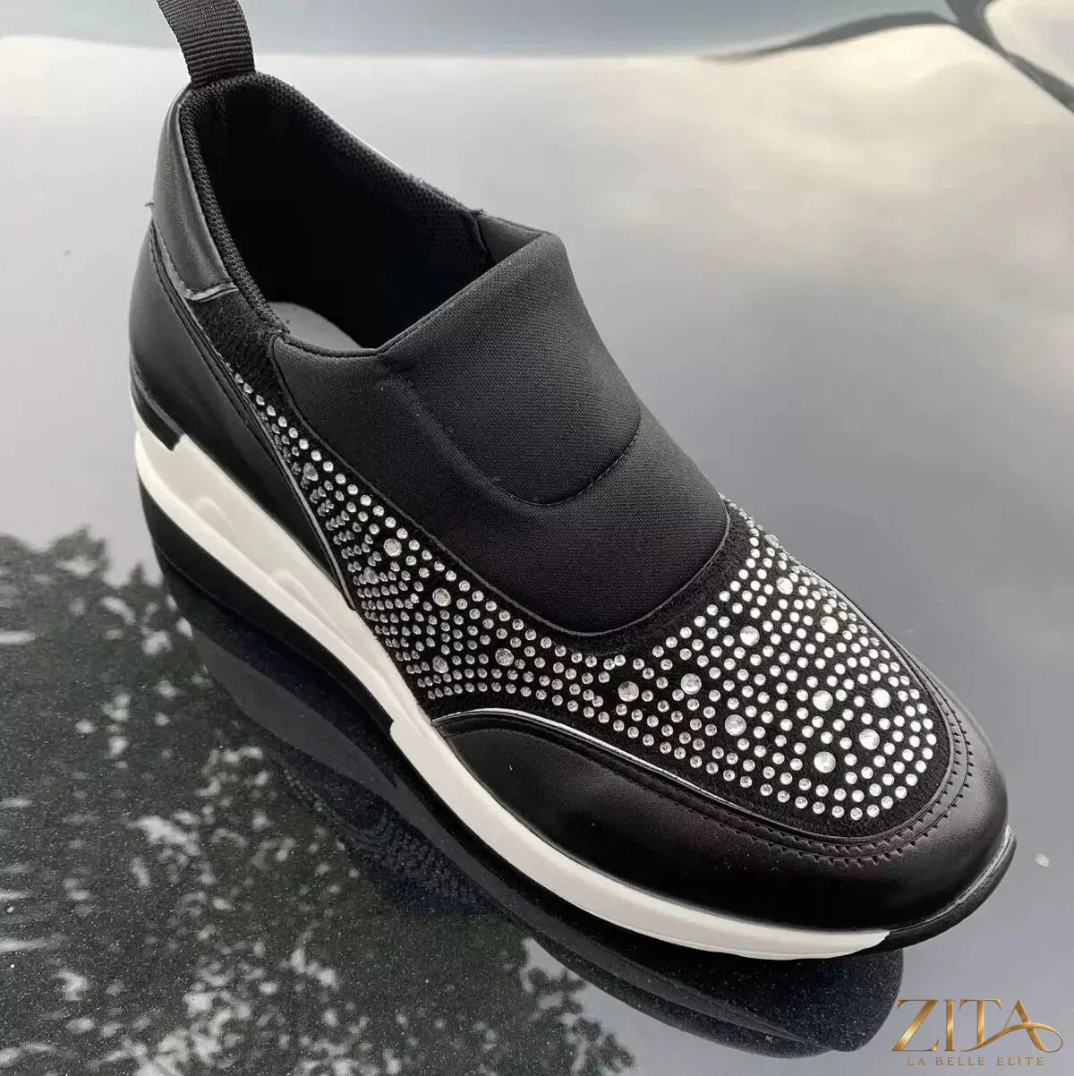 Zita La Belle Elite rhinestone embellished wedge sneakers with sparkling rhinestones and a comfortable wedge heel.