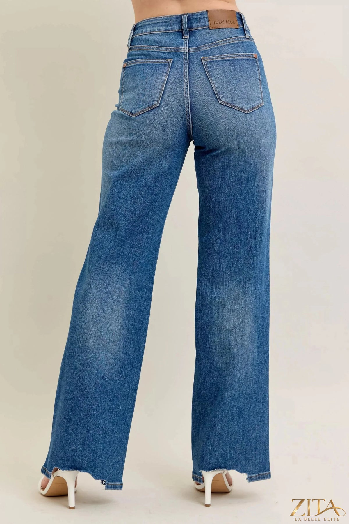 Zita La Belle Elite Judy Blue distressed wide jeans with tummy control, featuring a high-rise fit and distressed details.