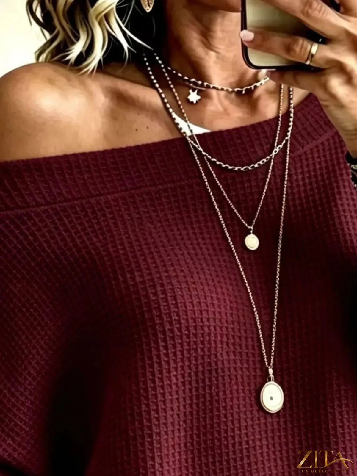 Plus size Zita La Belle Elite waffle knit boat neck sweatshirt, full size, with a cozy textured fabric and relaxed fit.