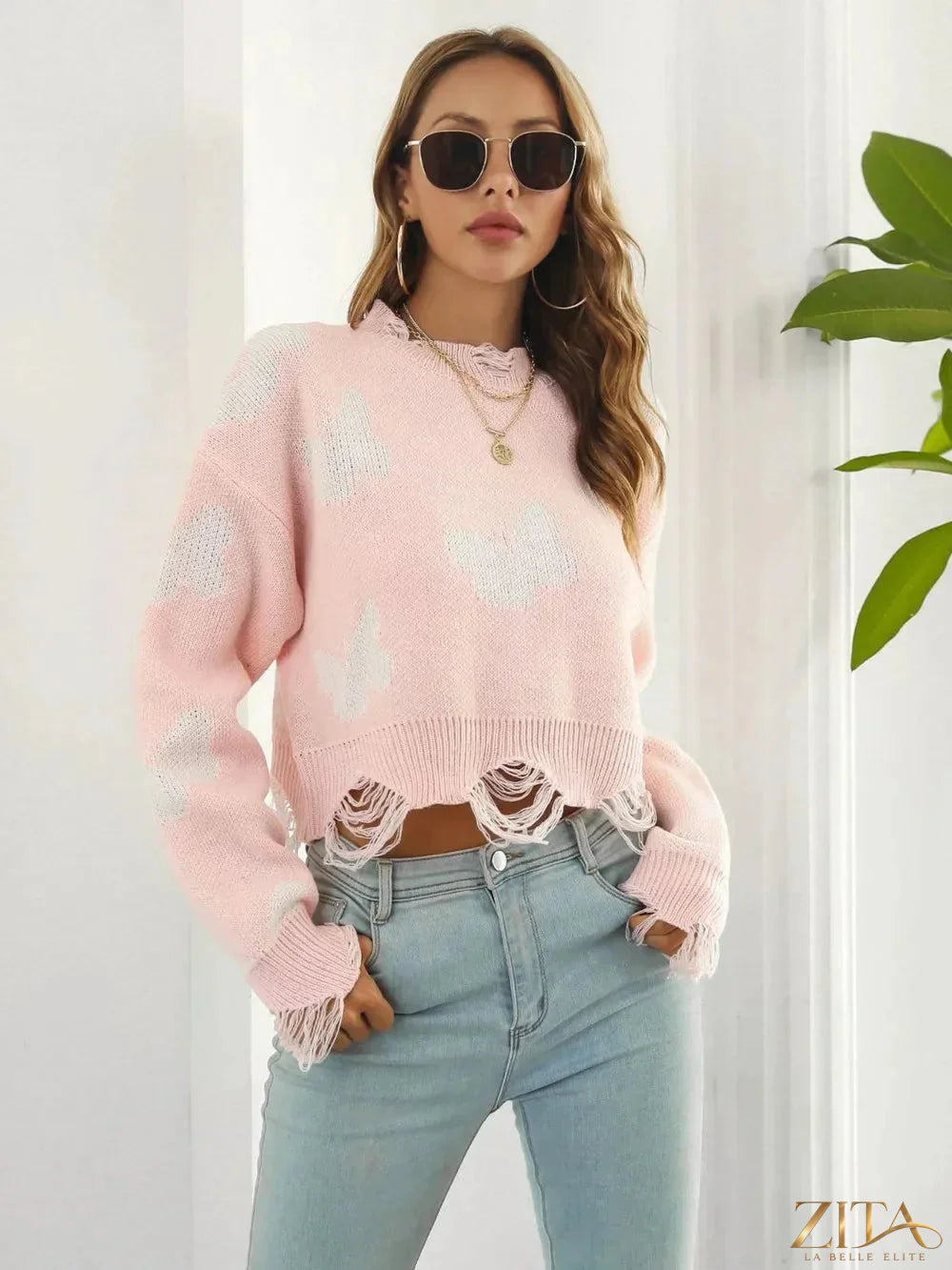 Zita La Belle Elite distressed butterfly cropped sweater featuring a worn-in look and butterfly design, casual and stylish for women