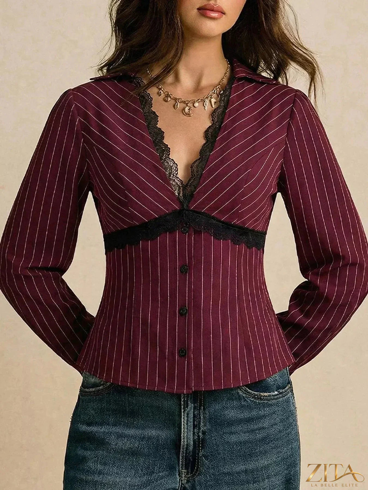 Zita La Belle Elite lace trim V-neck blouse in soft fabric with delicate lace details and long sleeves, stylish and elegant.