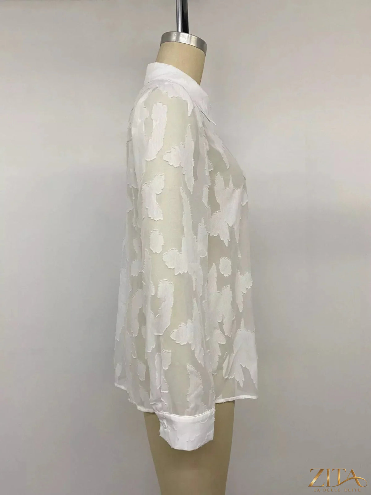 Zita La Belle Elite sheer button-down shirt with long sleeves, lightweight fabric, and classic collar, perfect for elegant casual wear.
