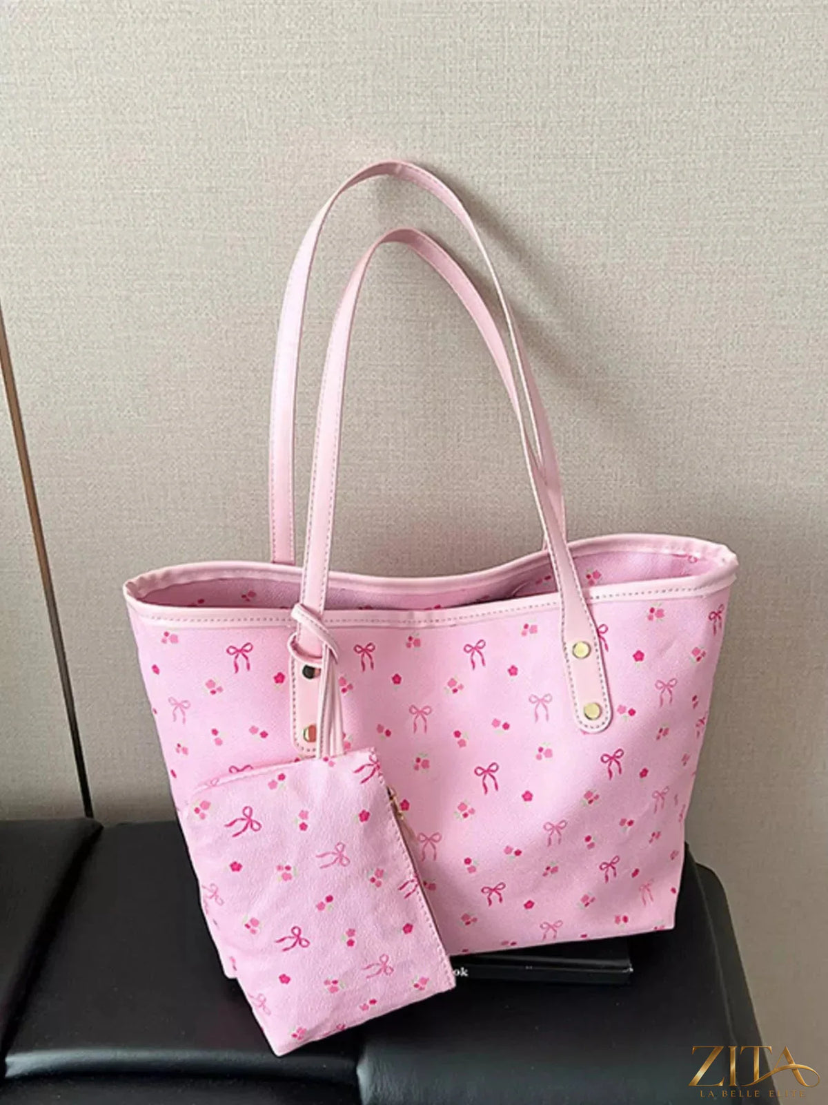 Printed tote shoulder bag with matching pouch by Zita La Belle Elite, featuring a stylish design and spacious interior.