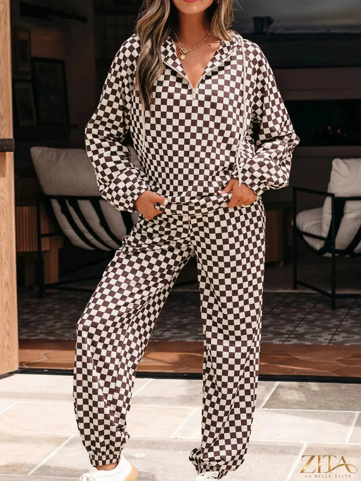 Zita La Belle Elite checkered hoodie and pants set with drawstrings, featuring a trendy black and white checkered pattern.