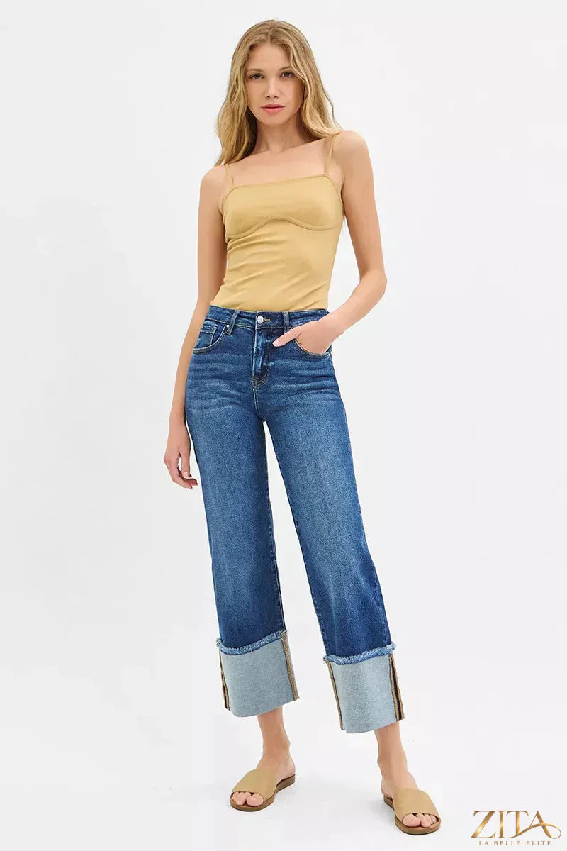 Plus size Zita La Belle Elite RISEN mid-rise crop wide cuff jeans with distressed details and rolled hems, styled casual.