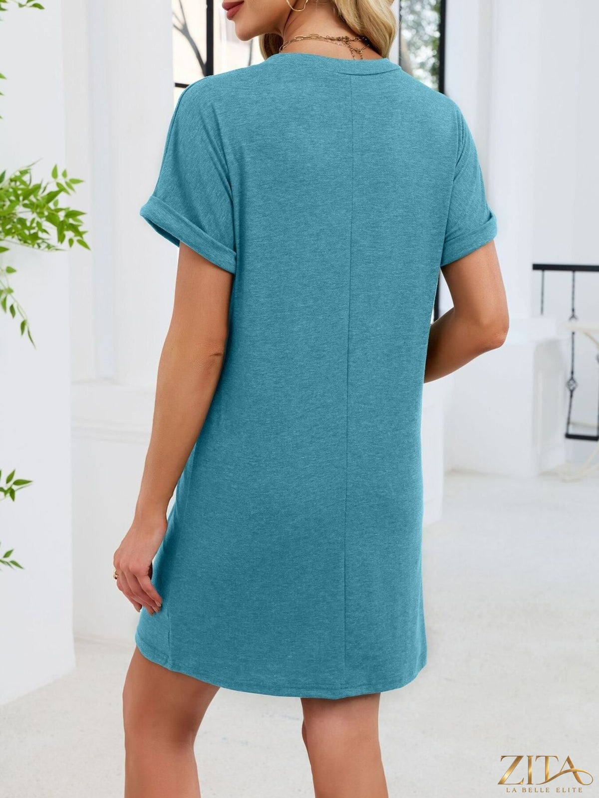 Zita La Belle Elite casual V-neck short sleeve T-shirt dress in soft fabric, front view showing relaxed fit and simple style.