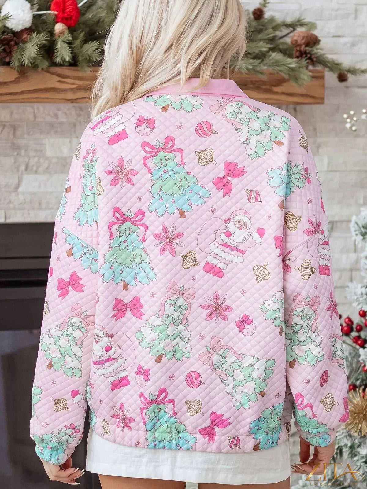 Zita La Belle Elite Christmas print collar loose sweatshirt with half button front in festive holiday design
