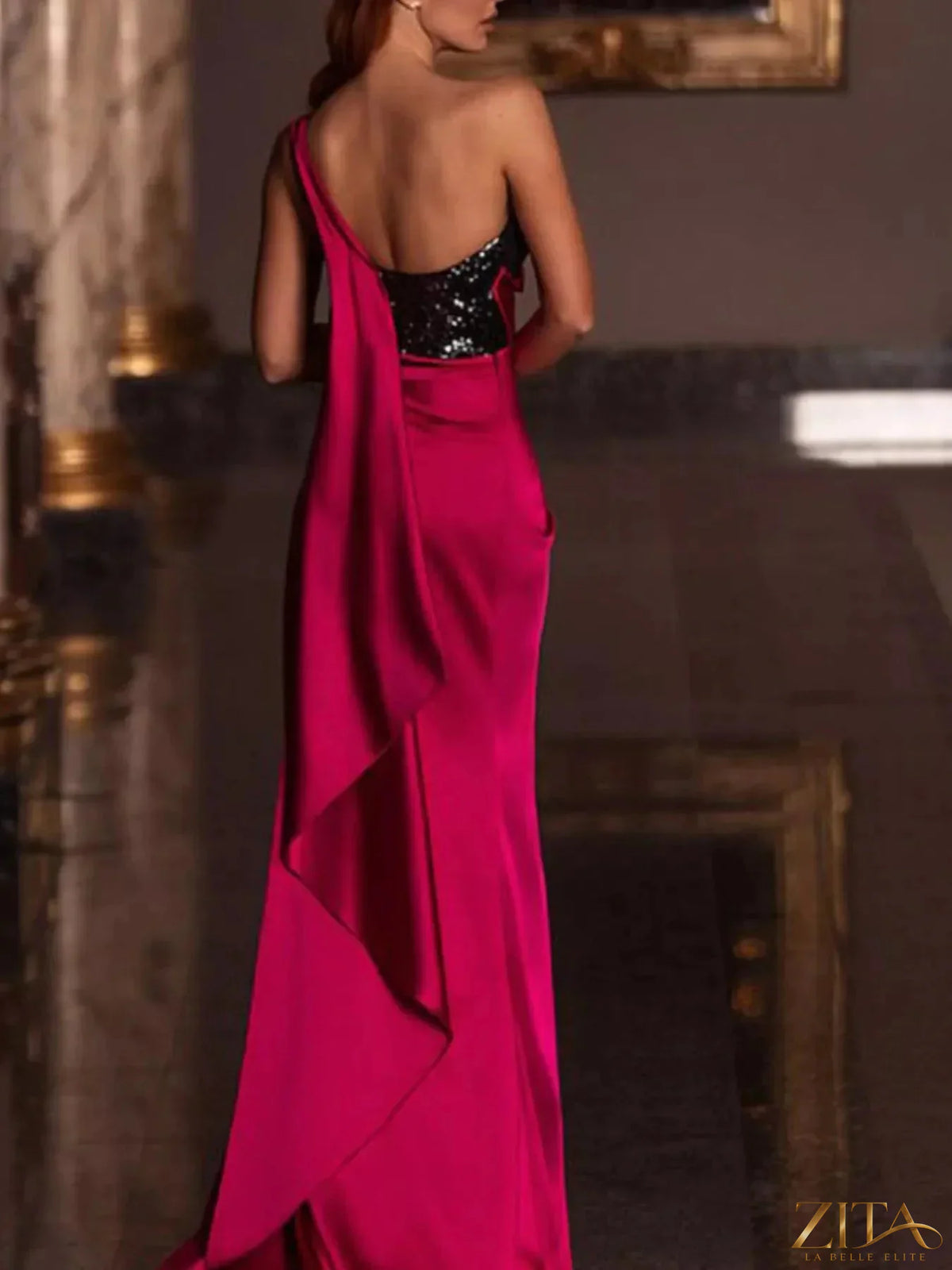 Elegant one-shoulder sequin satin gown with high slit by Zita La Belle Elite, showcasing a glamorous evening dress design.