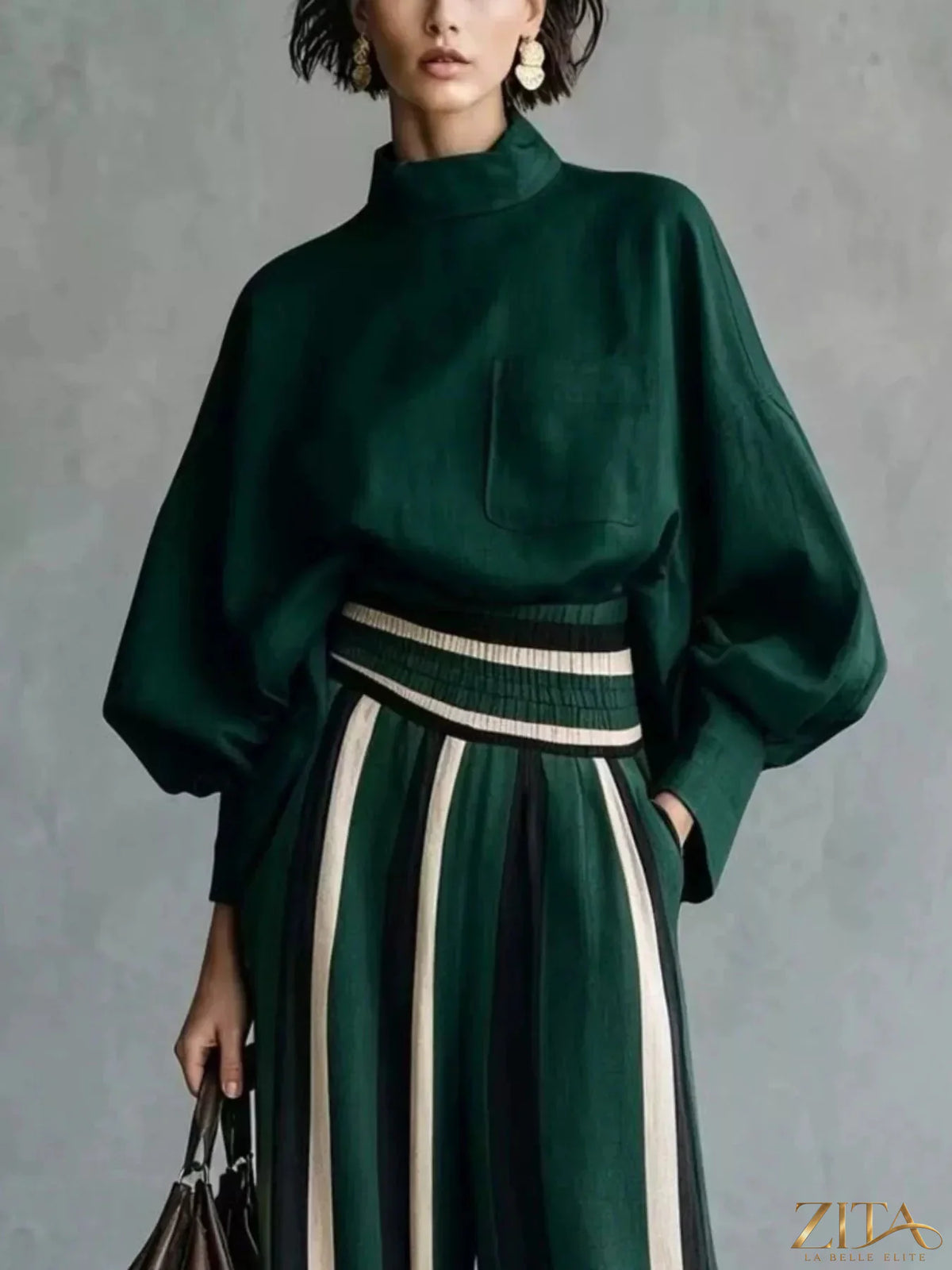 Plus size mock neck top and striped wide-leg pants set by Trendsi, showing the stylish full-length outfit on a model.