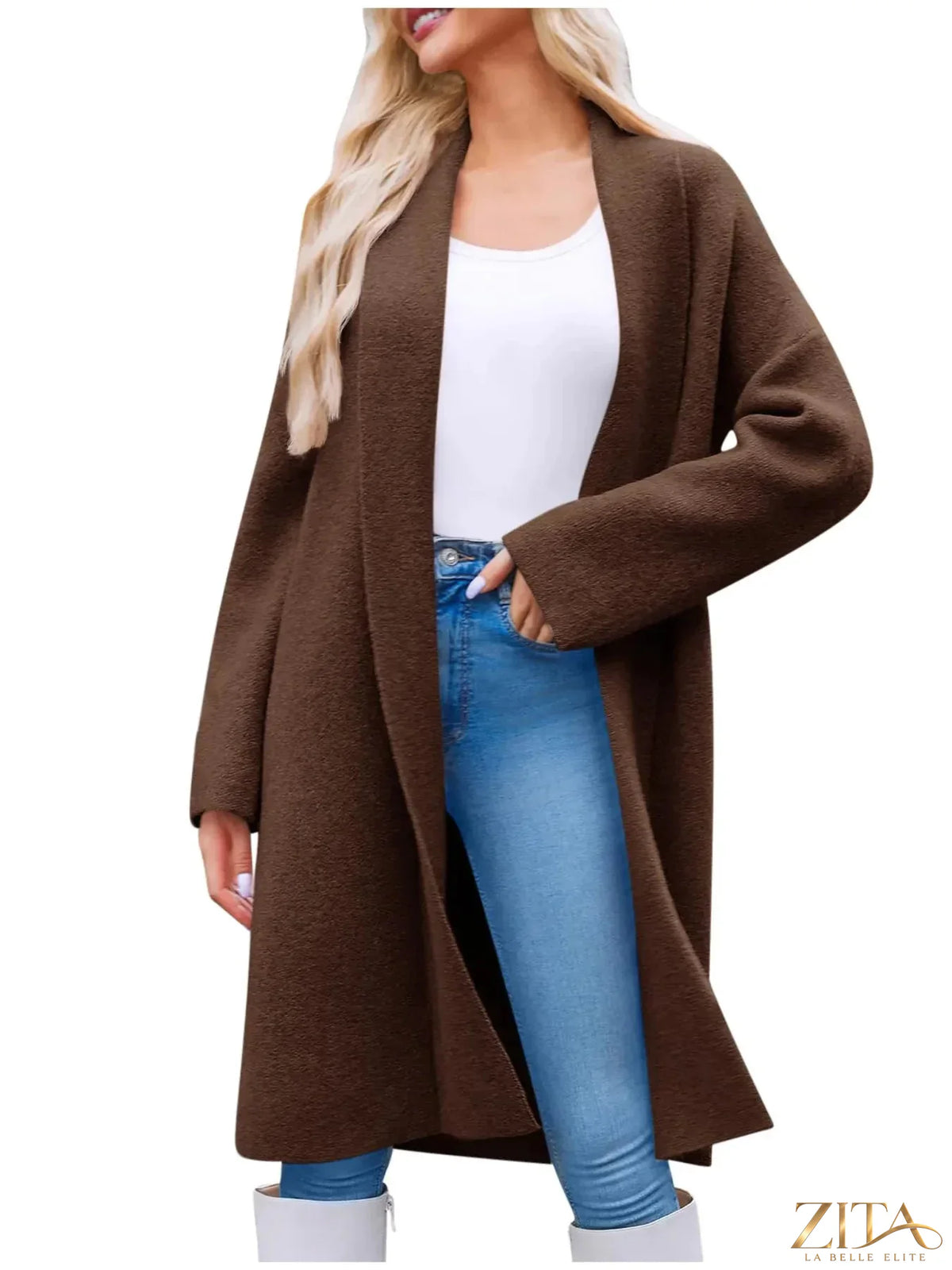 Zita La Belle Elite open front longline coat in neutral fabric, draped open style with a flowing silhouette and tailored collar.
