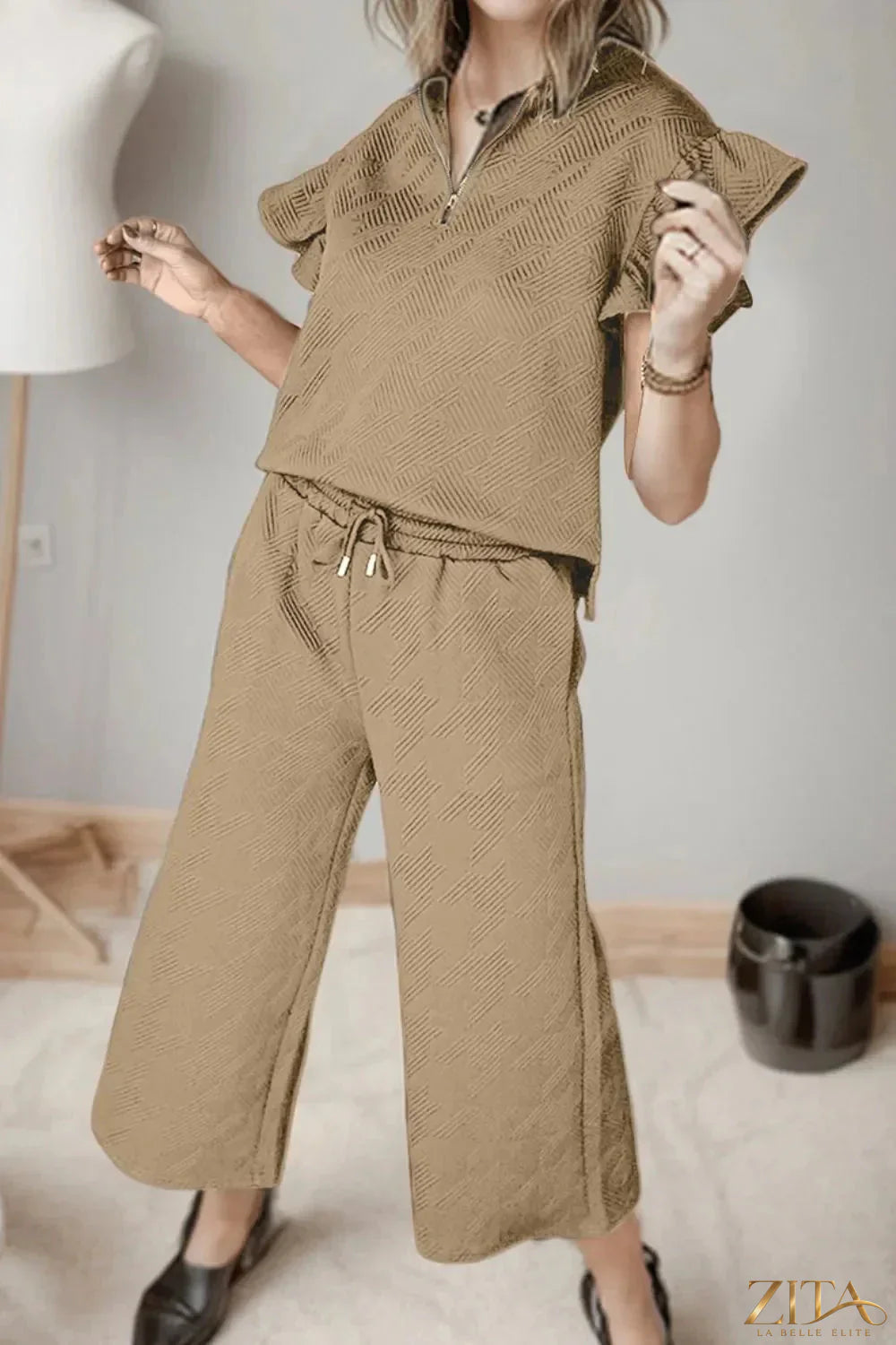 Zita La Belle Elite ruffled quarter zip top and matching drawstring pants set, showing the stylish coordinated loungewear ensemble.