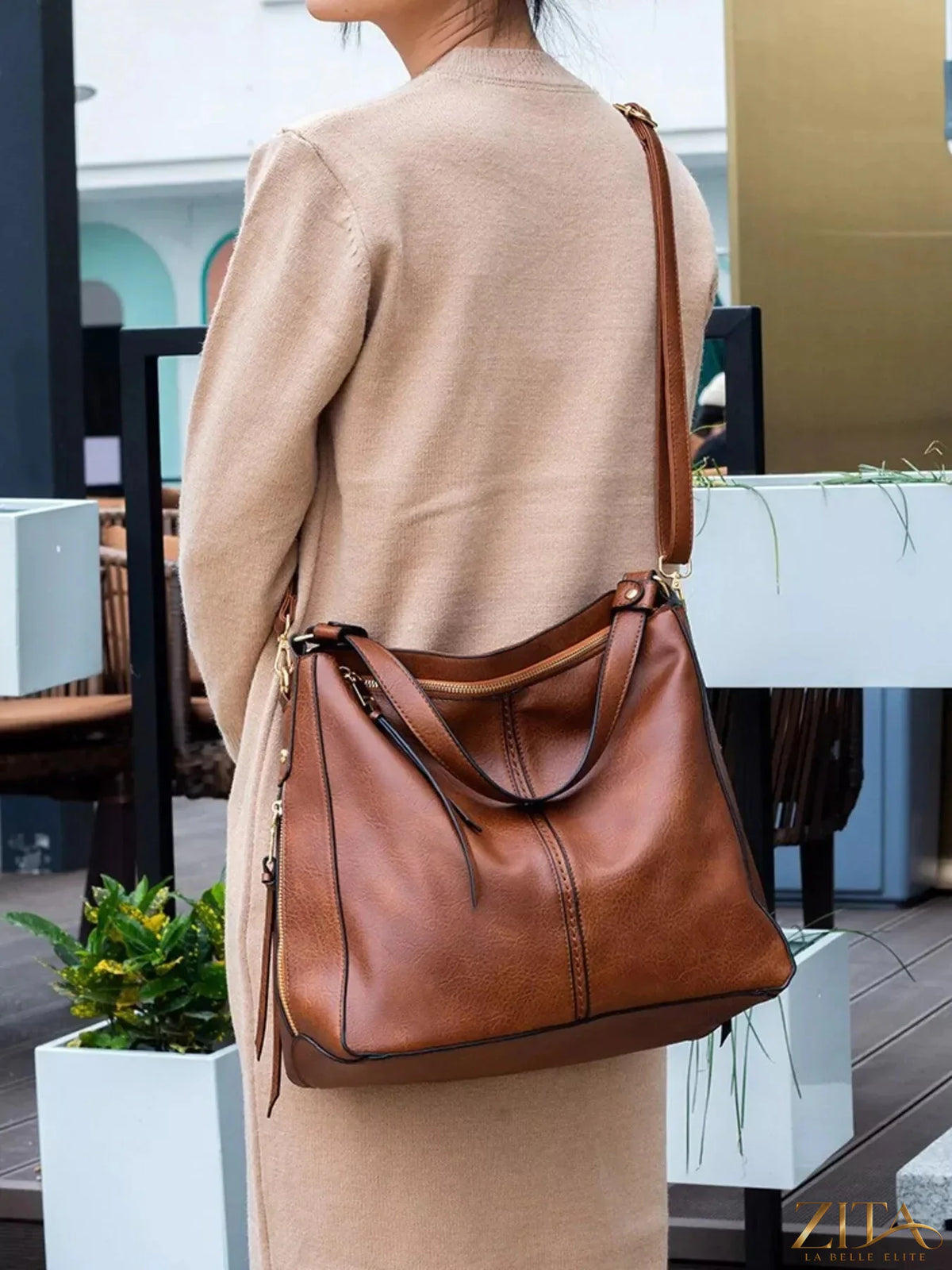 Zita La Belle Elite classic PU leather tote bag with sturdy handles and sleek design, perfect for everyday use.