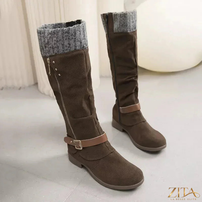 Zita La Belle Elite knee-high slouch boots with knit cuff, black leather, featuring a relaxed, slouchy style and stylish knit detail.
