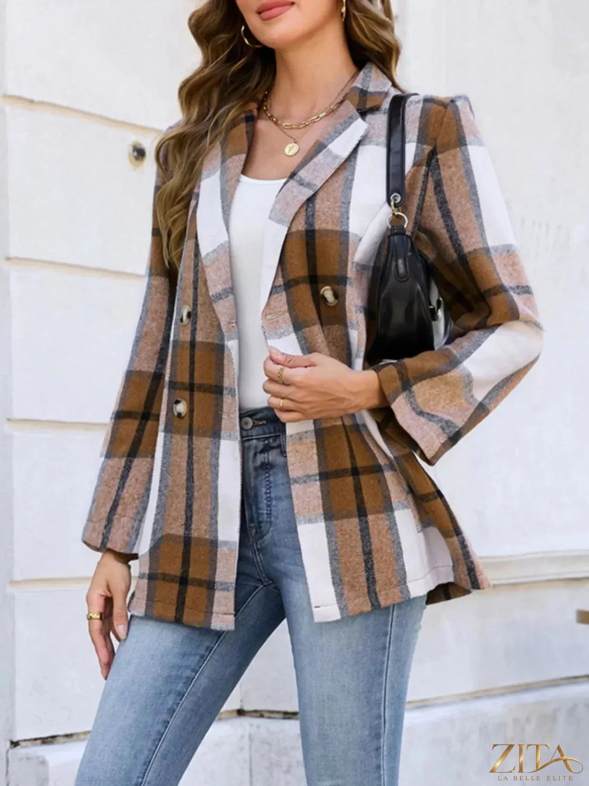 Trendsi plaid double-breasted blazer with classic checkered pattern, tailored fit, and structured lapels, stylish for professional or casual wear.