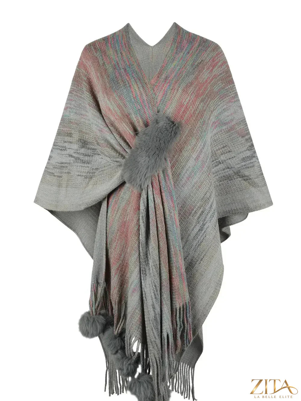 Heathered fringe hem poncho by Trendsi, featuring cozy knit fabric and stylish fringe detailing on the hem.