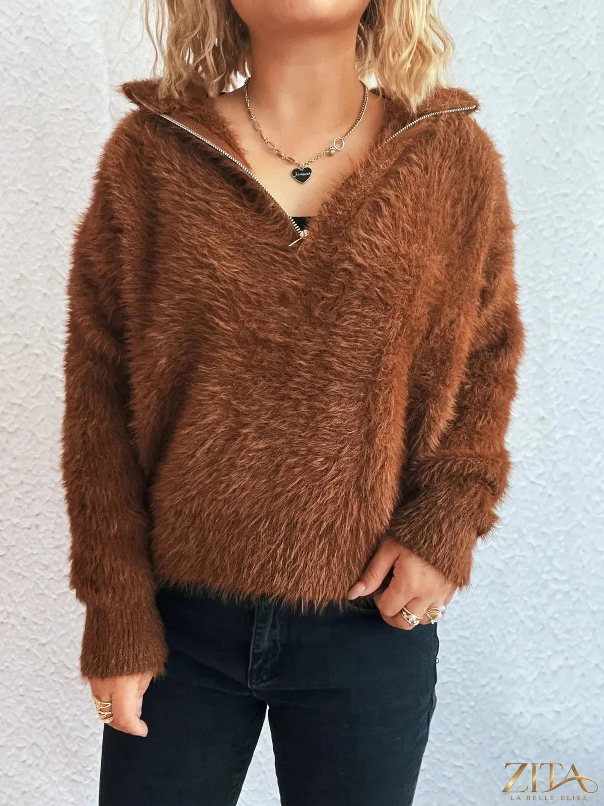 Zita La Belle Elite Cozy Fuzzy Half-Zip Sweater in soft, plush material, displayed with a close-up of the fabric and zipper detail.
