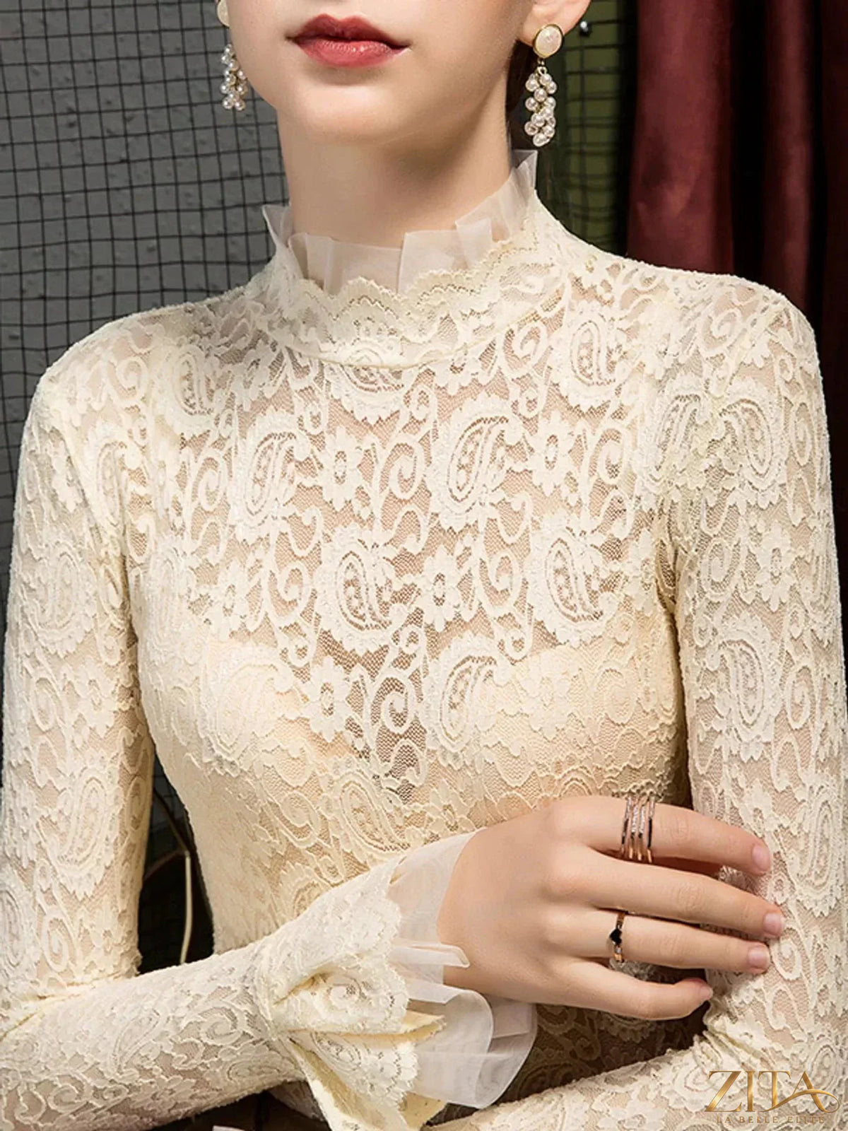 Plus size Zita La Belle Elite lace mock neck long sleeve blouse with full coverage and elegant design.
