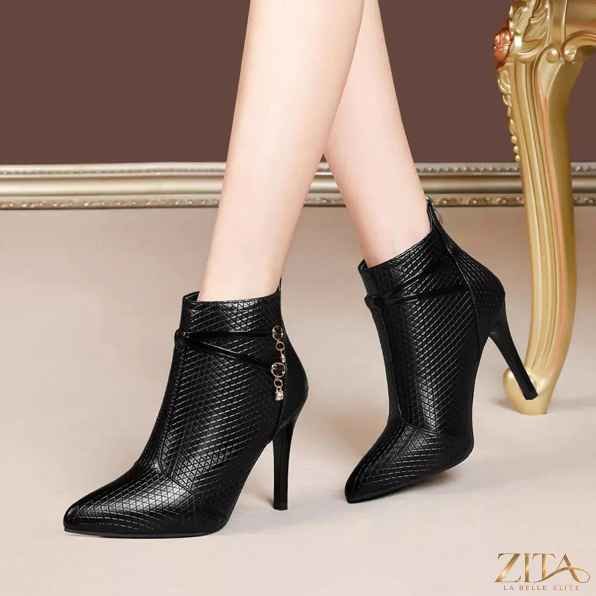 Zita La Belle Elite pointed-toe stiletto ankle boots with sleek black leather and slim high heels.