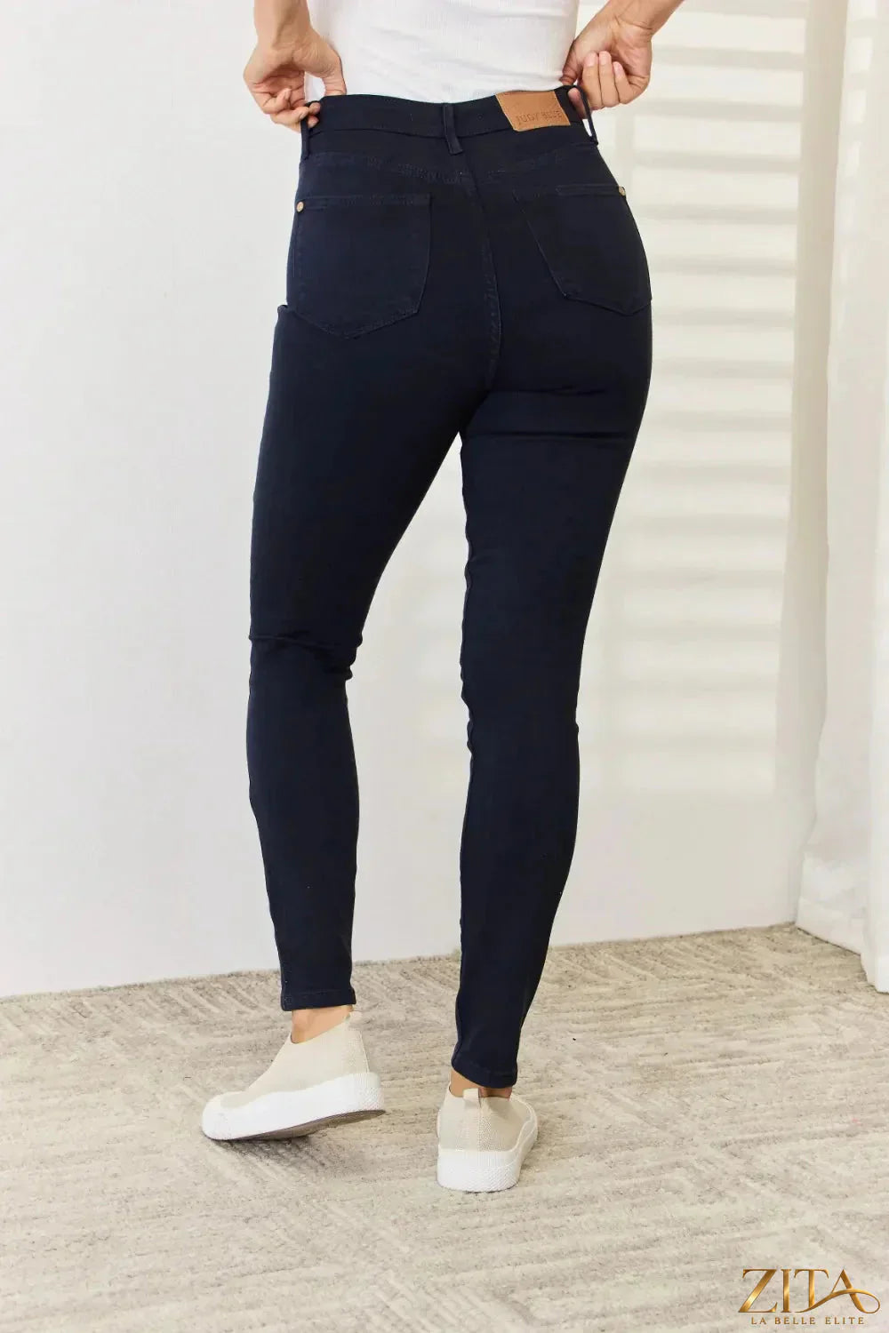 Zita La Belle Elite Judy Blue full-size denim skinny jeans with garment dye and tummy control, shown on a model.