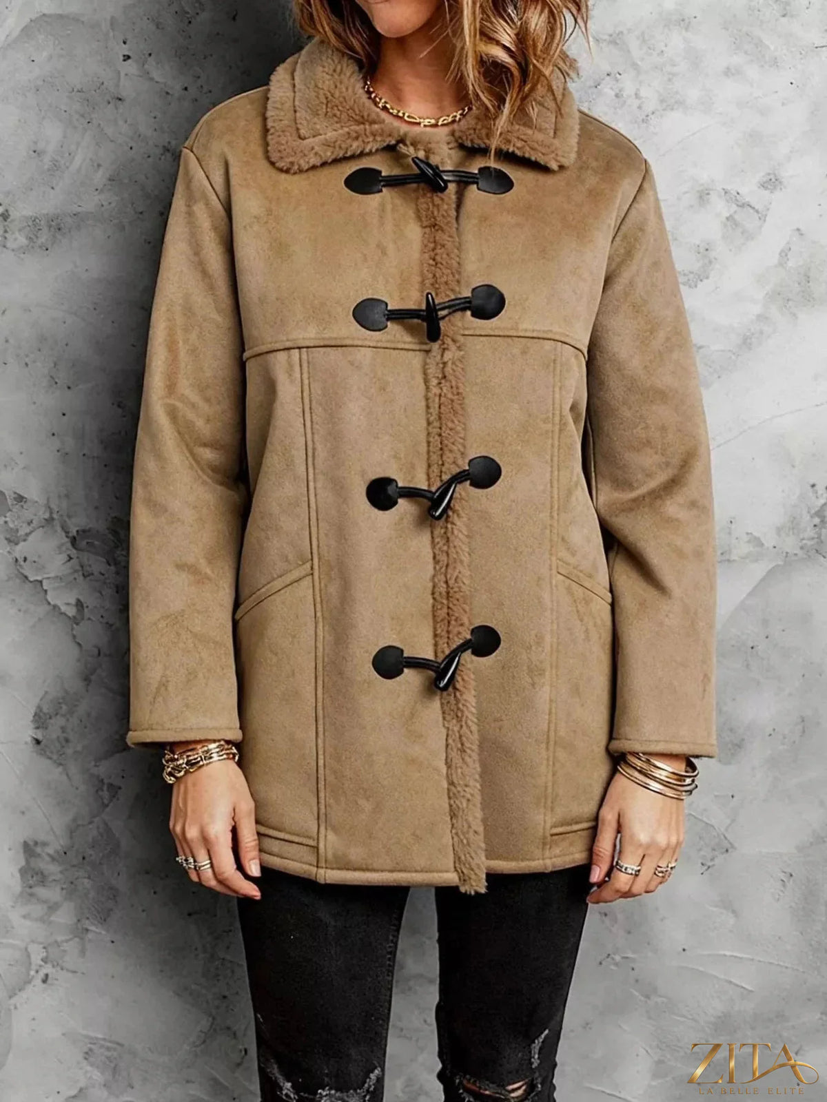 Zita La Belle Elite faux suede toggle coat with sherpa lining, featuring a front toggle closure and warm, cozy style.