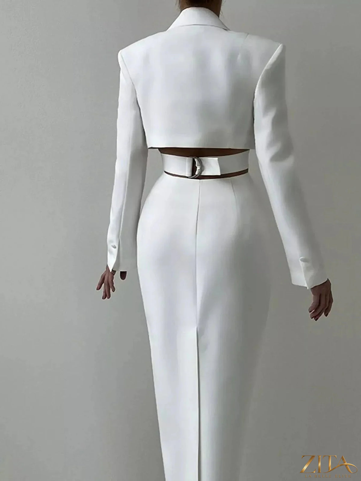 Zita La Belle Elite button-down blazer dress with cut-out waist, shown in a stylish and fitted design, on a neutral background.