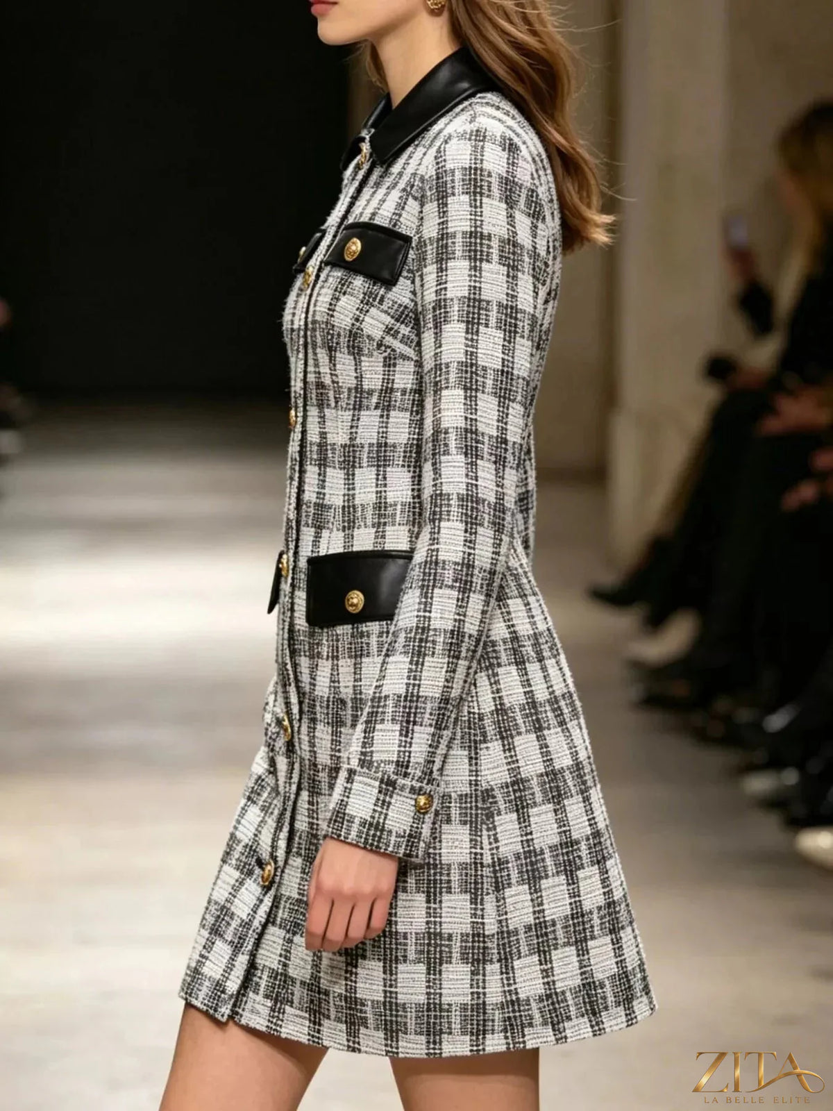 Long sleeve plaid tweed button-down mini dress by Zita La Belle Elite featuring a classic plaid pattern and tailored fit.