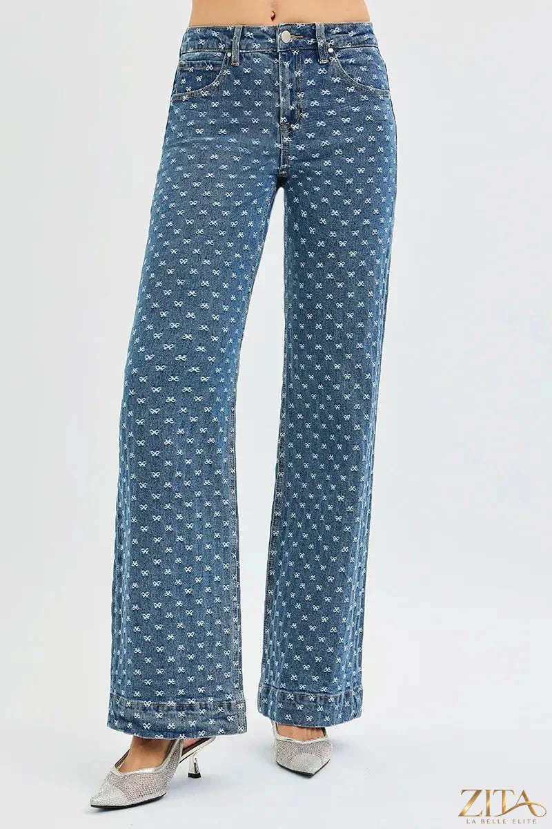 Zita La Belle Elite RISEN high-rise wide-leg jeans with bow embroidery and embroidered details, stylish denim pants for women.