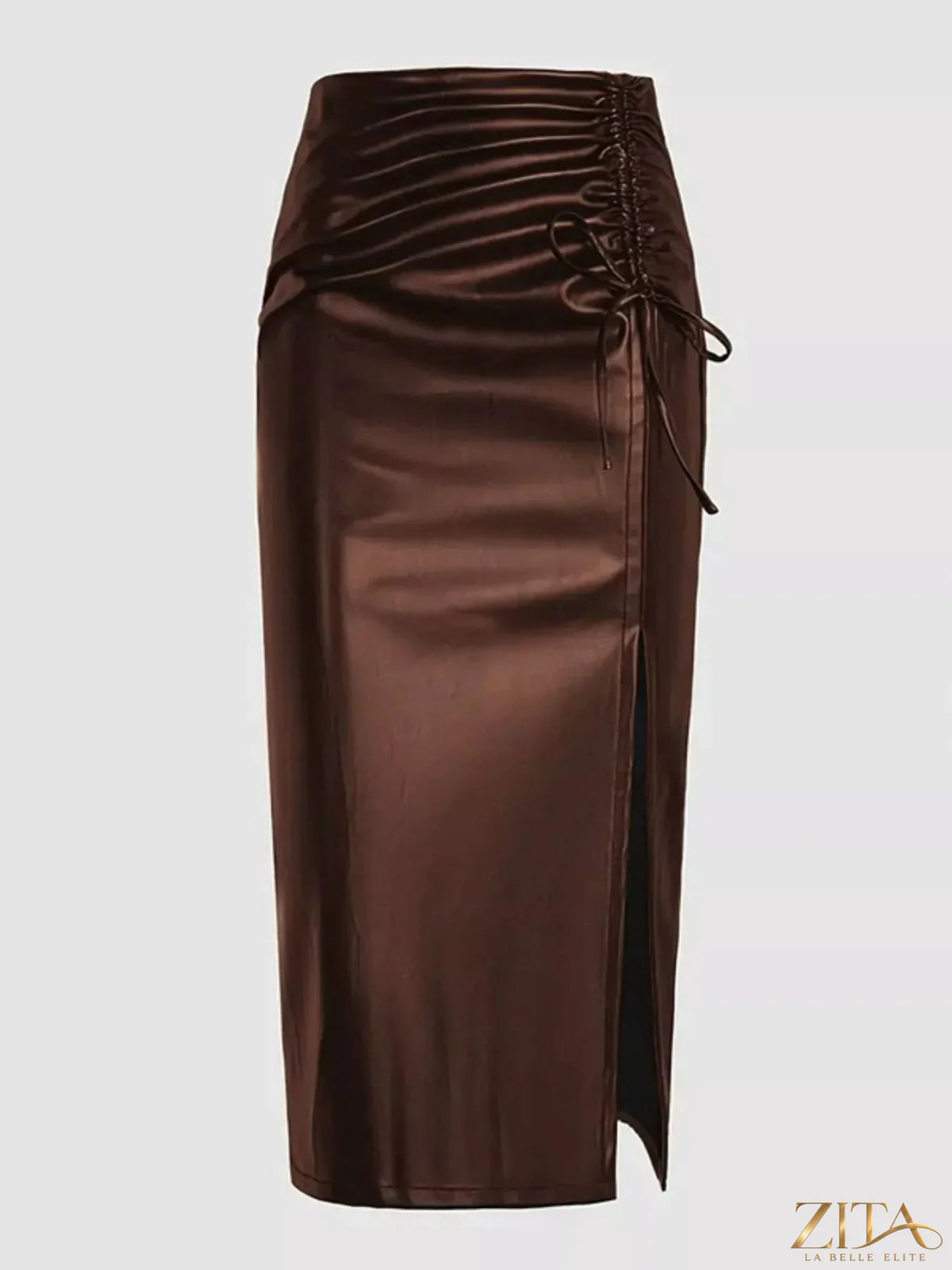 Trendsi ruched slit midi skirt in a stylish design, featuring a high waist and flowy fabric, perfect for chic everyday wear.