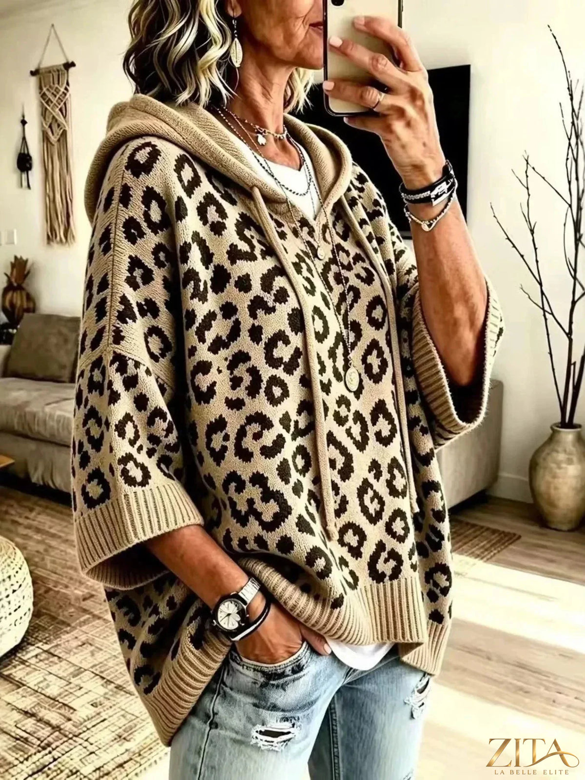 Zita La Belle Elite leopard print drawstring hooded sweater with long sleeves and front pocket, casual and stylish for women.