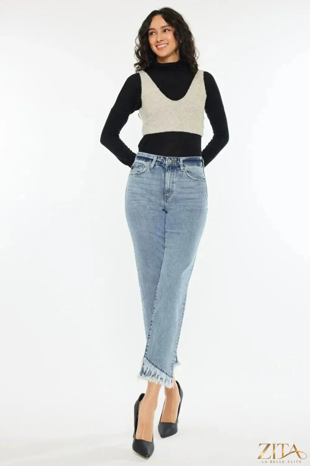 Zita La Belle Elite Kancan raw hem high rise straight jeans displayed on a model with a focus on the denim style and fit.