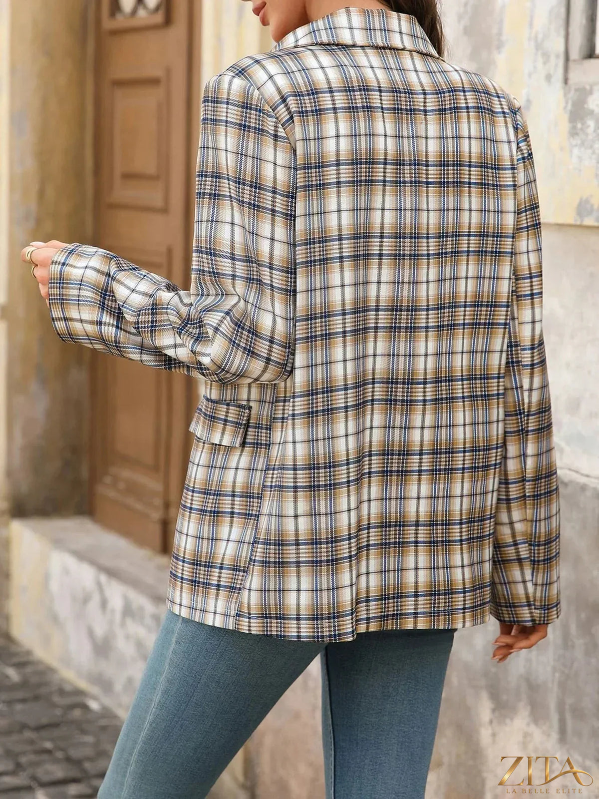 Zita La Belle Elite Number 87 plaid long sleeve blazer with tailored fit and classic checkered pattern on a model.