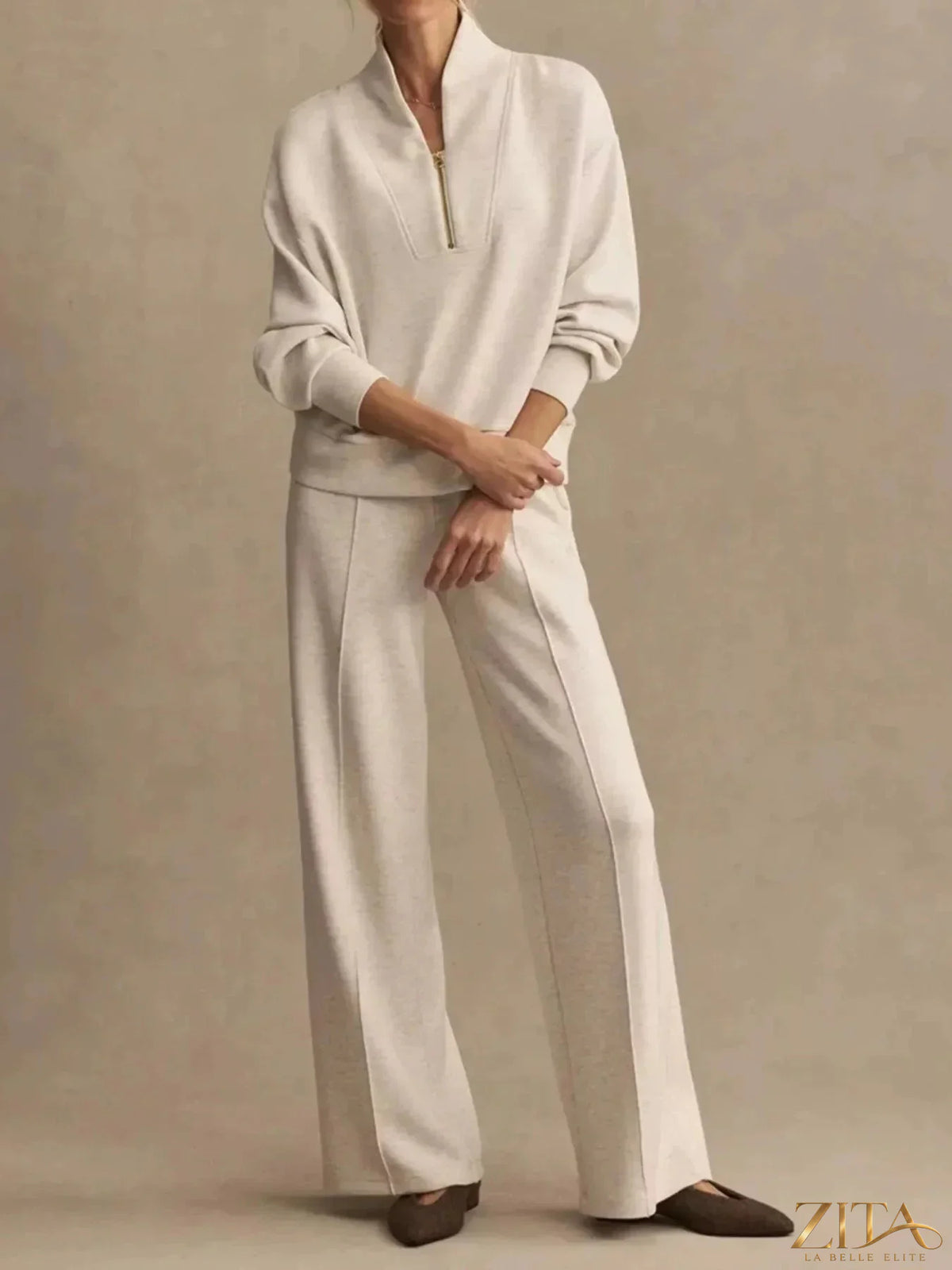 Zita La Belle Elite quarter-zip sweatshirt and wide-leg pants set, stylish casual loungewear in soft fabric, shown in natural pose.