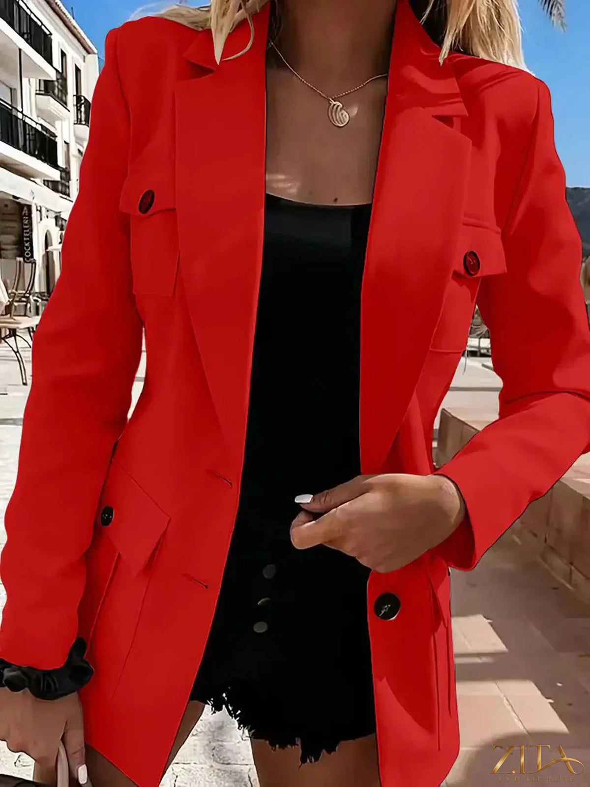 Zita La Belle Elite lapel collar long sleeve blazer in black, tailored fit with front buttons and structured design.