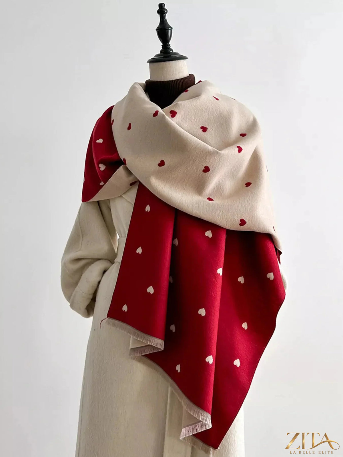 Zita La Belle Elite heart raw hem scarf with soft fabric and handcrafted design, featuring raw edges and a stylish pattern.