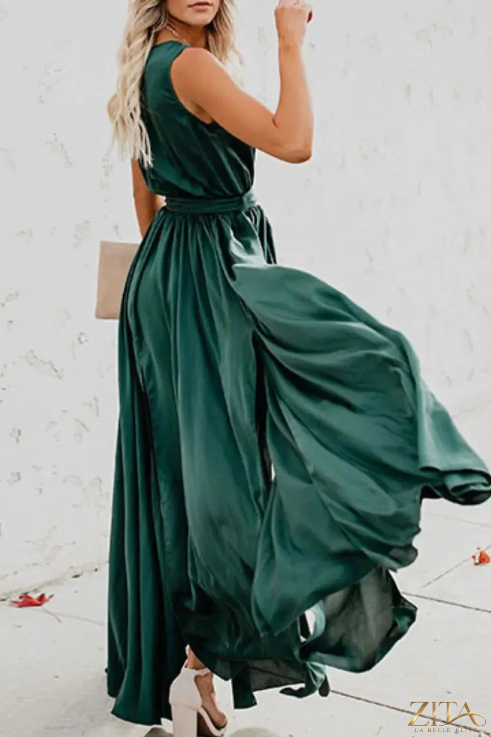 Zita La Belle Elite surplice tie waist maxi dress in flowing fabric, featuring a flattering V-neck and elegant silhouette.