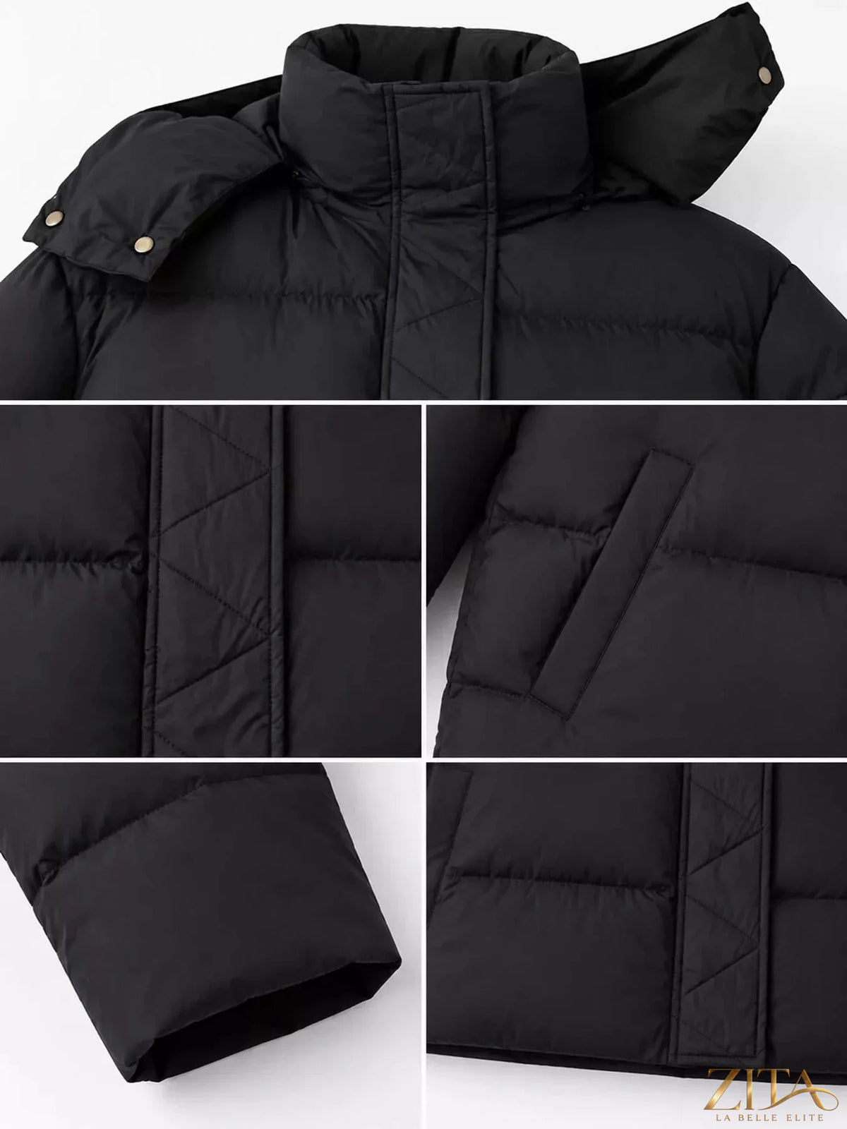 Zita La Belle Elite quilted hooded puffer jacket in black with a quilted design and attached hood, suitable for cold weather.